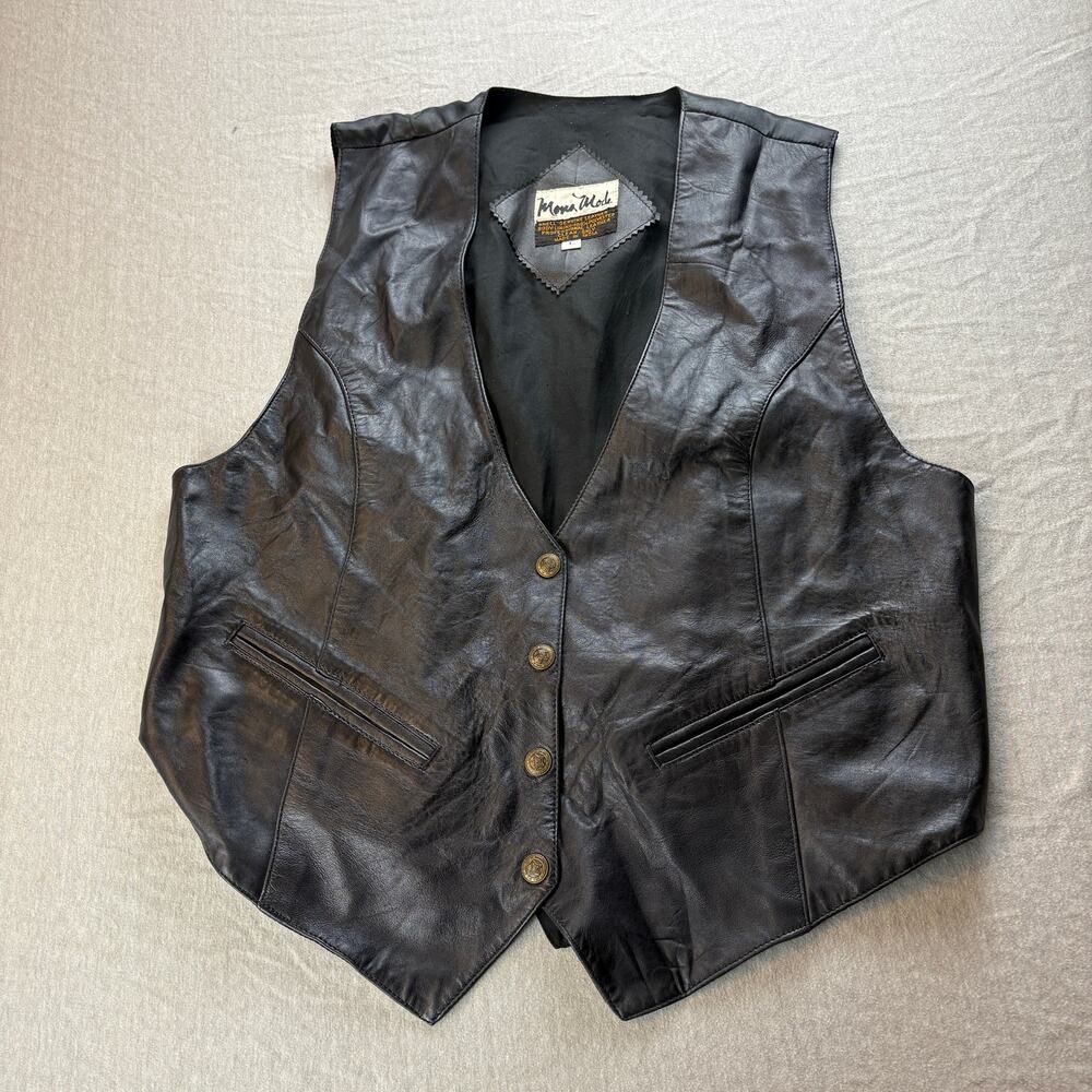 Vintage Mona Mode Black Leather Vest L Western Oklahoma Buttons Women's
